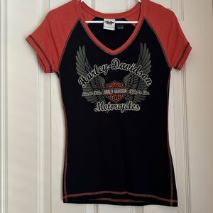 Harley-Davidson Black and Orange V-Neck Tee